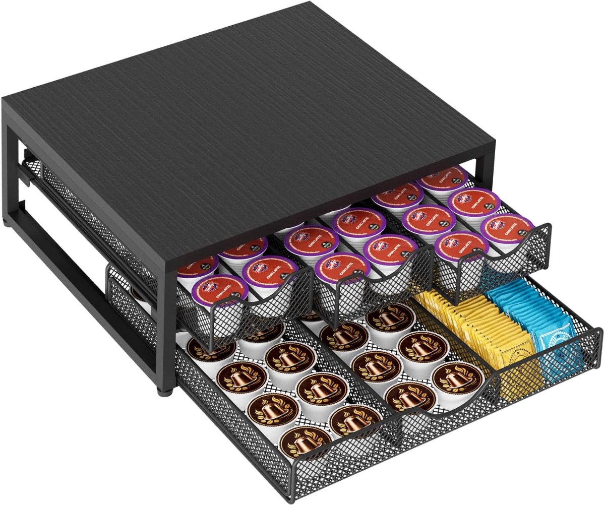 Koffiepodhouder voor aanrecht, 3 uittrekbare lade voor 72 K-Cups, houten organisator voor koffiepods met schuifladen voor koffiestation, thuis, keuken, kantoor, studentenkamer (zwart)