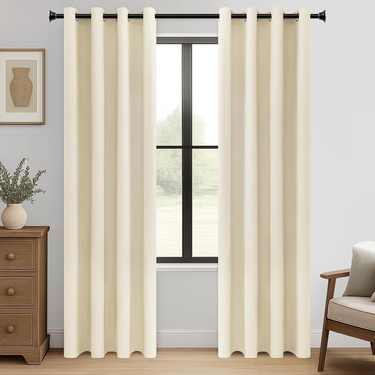 Set van 2 verduisteringsgordijnen, warmte-isolerend, geluidswerend, beige, 140 x 220 cm, ondoorzichtig gordijn met oogjes, voor woonkamer, modern, raam, slaapkamer, volwassenen
