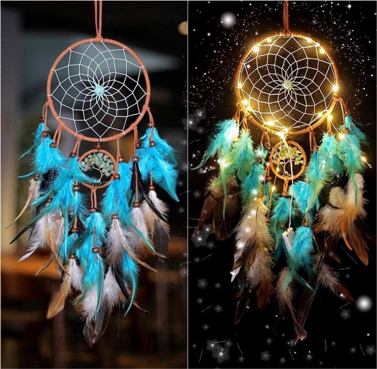 Dromenvanger LED Dream Catcher, Blauwgroen Handgemaakte Sweet Dreamcatchers met Verlichting, Bruiloft GIfts, Slaapkamer Muur Opknoping Ornamenten Ambachten, Decoraties voor Meisjes/Jongens/Kinderen