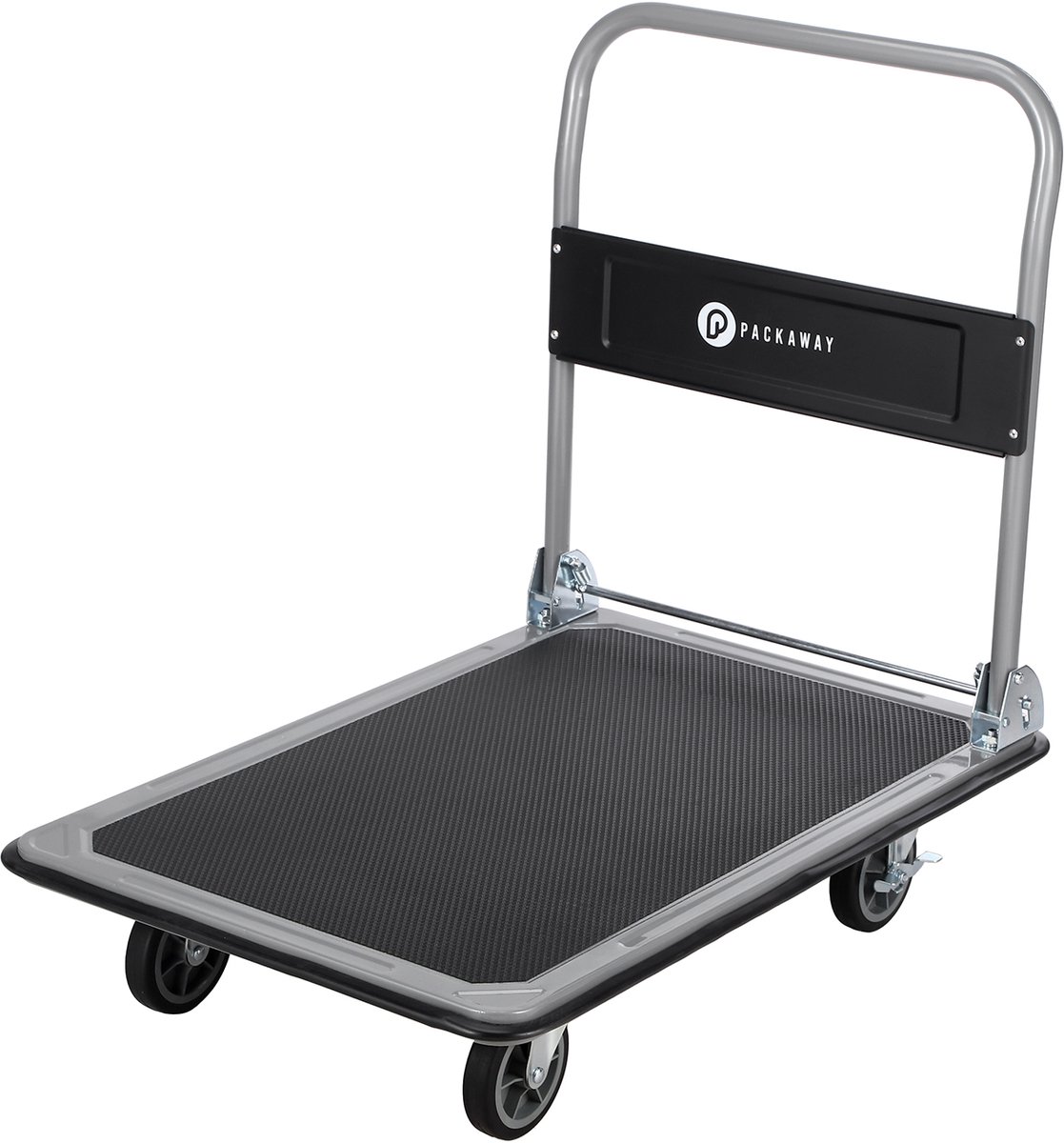 Packaway Opvouwbare Transportwagen 350 kg – Transportkar met Rem – 92 x 62 cm – Antislip Laadplatform – 4 Wielen – Inklapbare Duwbeugel