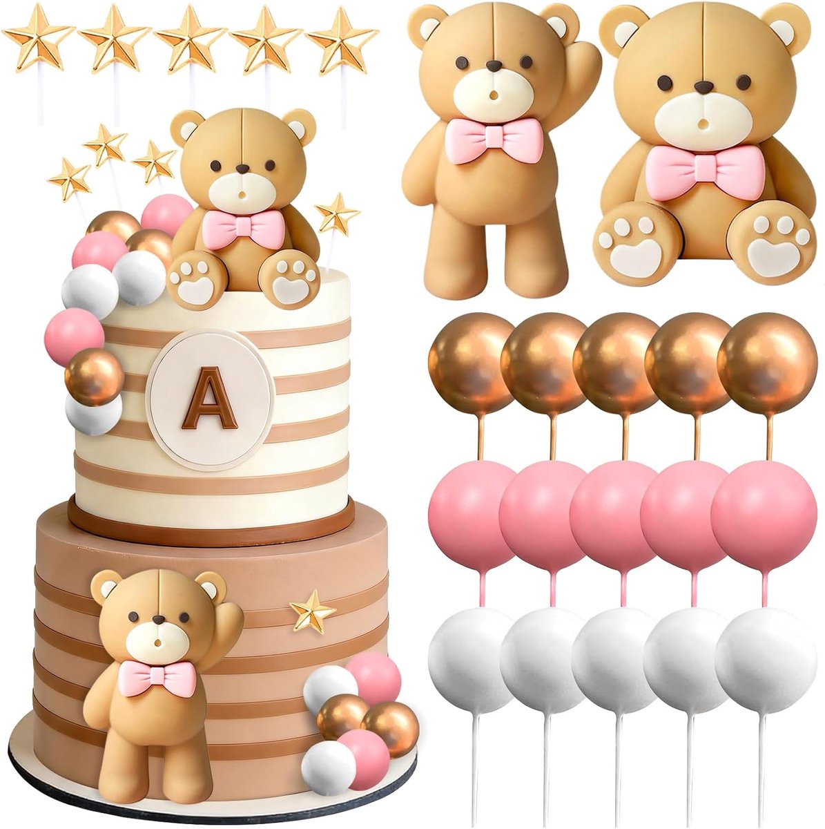 Beer, 22 stuks teddybeer taarttoppers, taartdecoratie ballen, taarttoppers met ballen, sterren, beer, taartdecoratie voor jongens en meisjes, voor themafeesten, verjaardagsfeesten