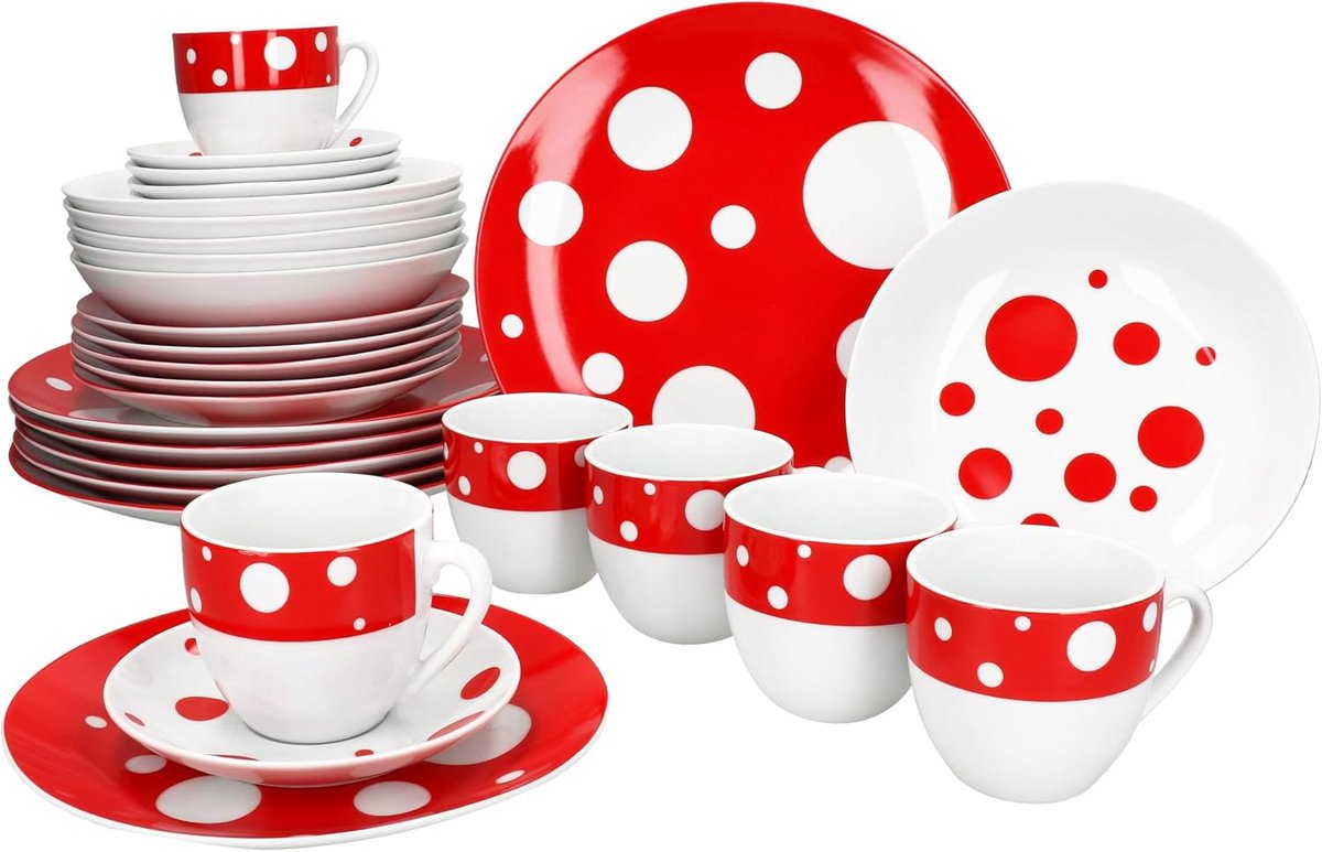 Pula rood 30-delig combiservies, wit porseleinen servies met stippen voor 6 personen, 6 x kopjes, schoteltjes, taartborden, soepborden en platte borden
