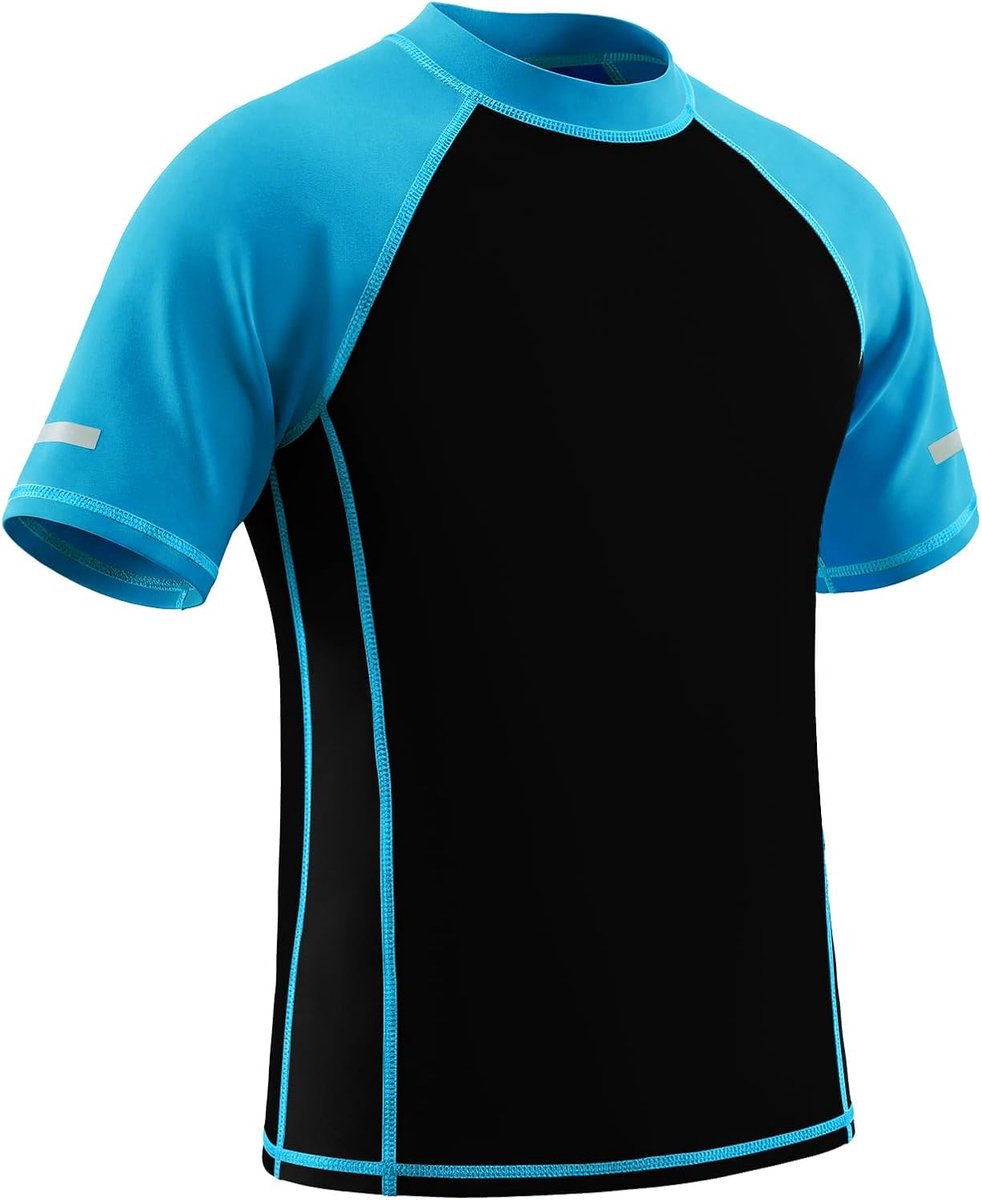 Rashguard shirt zwemshirt kinderen korte mouw zwemshirt met reflecterende strepen, snel drogend badshirt badkleding surfen zwembad strand voor 7-15 jaar