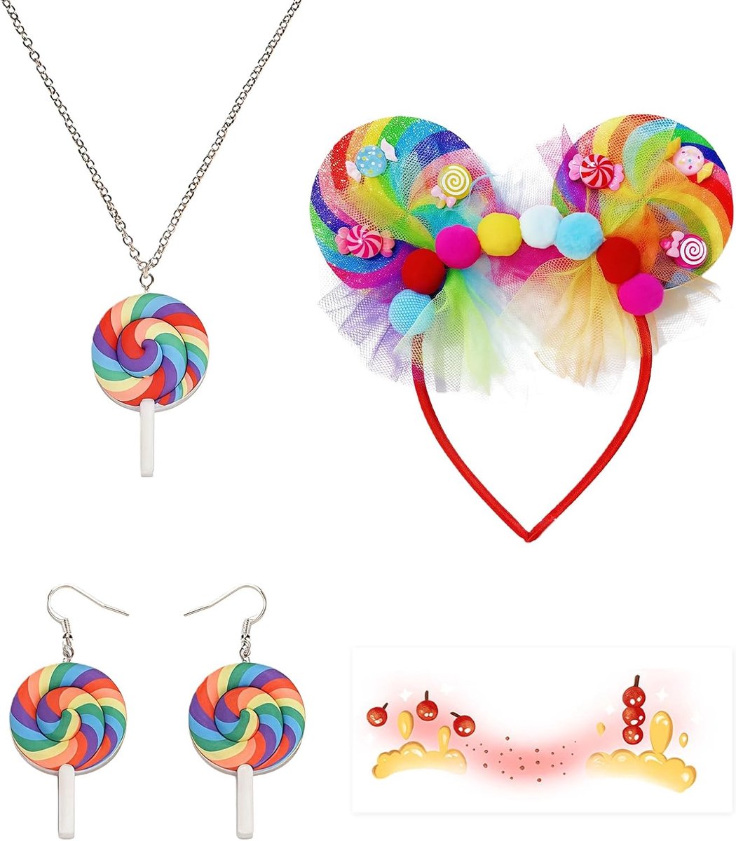 Candy kostuumset voor dames en meisjes, haarbanden, oorbellen, halsketting en gezichtsstickers, haarband meisjes, schattige accessoires voor carnavalskostuum dames, Candy Girl kostuum