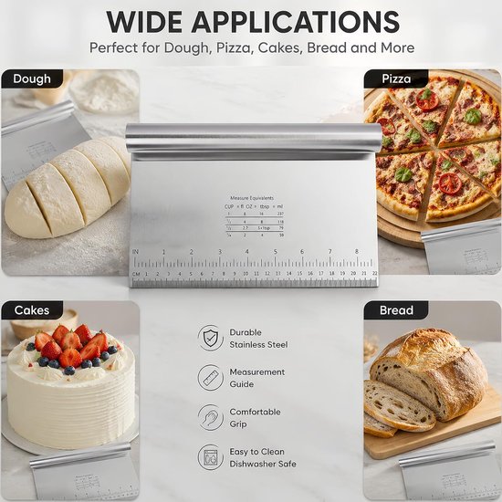 2 stuks roestvrijstalen deegsnijders, groot, met maatschaal, deegkaart en deegspatel van roestvrij staal, multifunctionele taartschraper voor bakken, pizza, cake en keuken, nauwkeurig en robuust — afbeelding 4