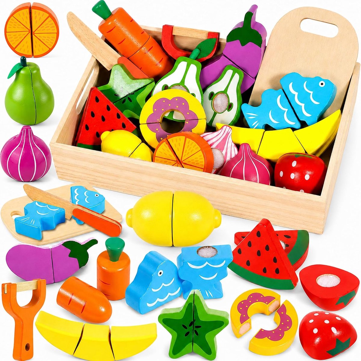 Speelset voor kinderen, fruit om te snijden, met dunschiller/houten mes/snijplank voor de keuken, ideaal cadeau voor kinderen vanaf 3 jaar