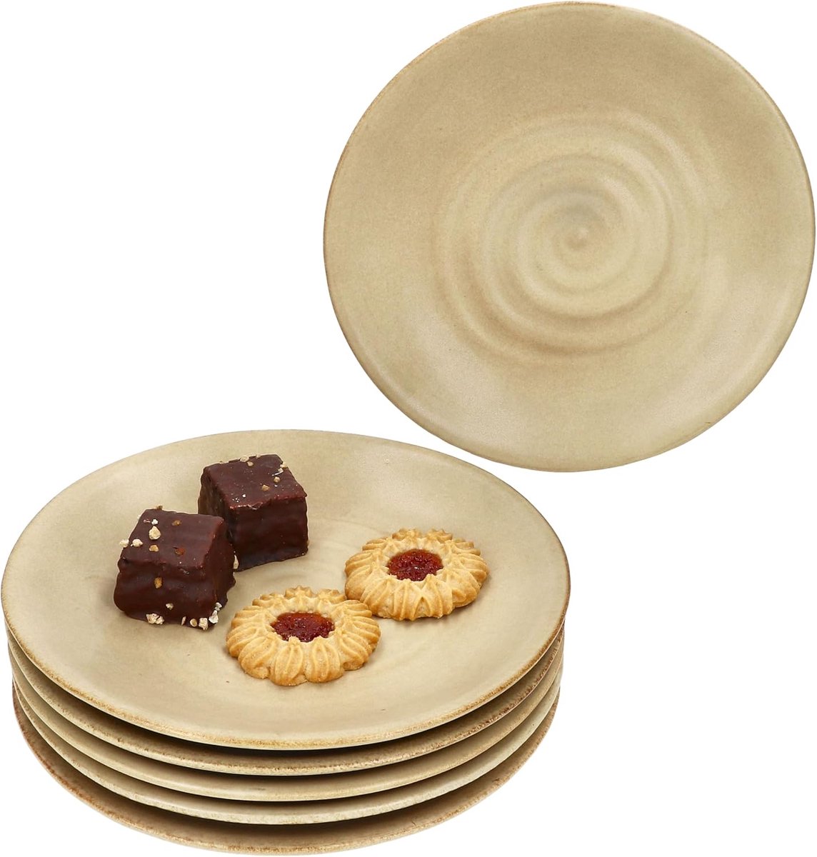 Taartborden, diameter 21,5 cm, dessertborden van aardewerk, beige met werveldecoratie, voor 6 personen, kleine borden voor salade, dessert, fingerfood enz.