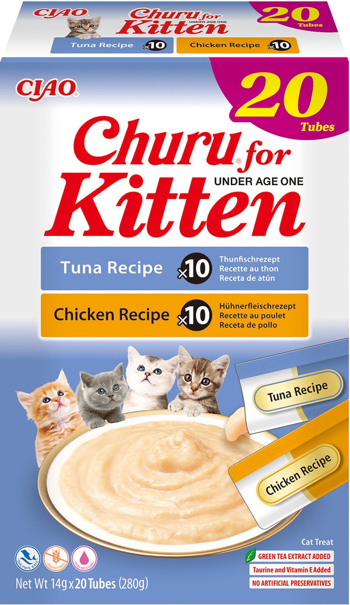 INABA CIAO Churu Kitten Creamy Puree Kattensnack Liquid Tonijn & Kip 20x14g