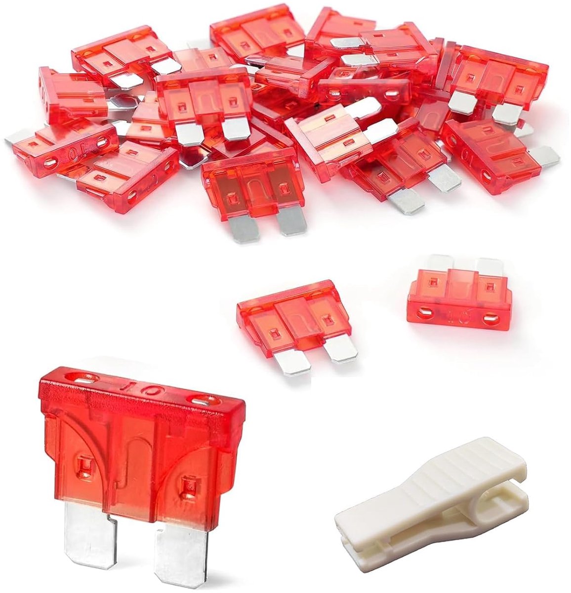 20 stuks autozekeringen, 10 A standaard zekeringen, mini-zekering met 1 zekeringtrekker voor auto, camper, vrachtwagen, motorfiets, boot