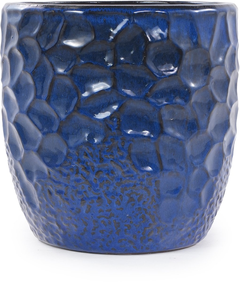 Keramiek Bloempot Glanzend Diepblauw Met Hammerschagreliëf Ø30 Cm Keramiek Donkerblauw Voor Binnen En Buiten Vorstbestendig