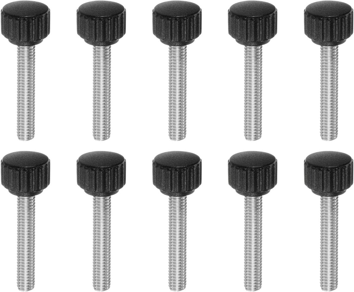 10 stuks gekartelde spanknoppen duimschroeven M6 x 30 mm metrische schroefdraad 16 mm matte kunststof kop 304 roestvrij staal stud handschroefdraad knop duimschroef handvat, zwart