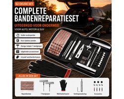 Bandenreparatieset Auto 62-delig – Uitgebreide Proppenset voor Tubeless Banden – Met Metalen T-grepen, Bandenspanningsmeter, Ventielgereedschap, Werkhandschoenen en Opbergtas