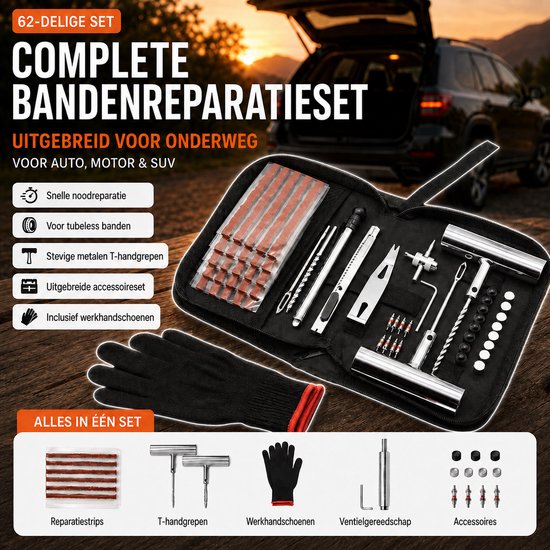 Een 62-delige bandenreparatieset met bandenstrips, T-handgrepen, werkhandschoenen en ventielgereedschap in een geopende zwarte tas.