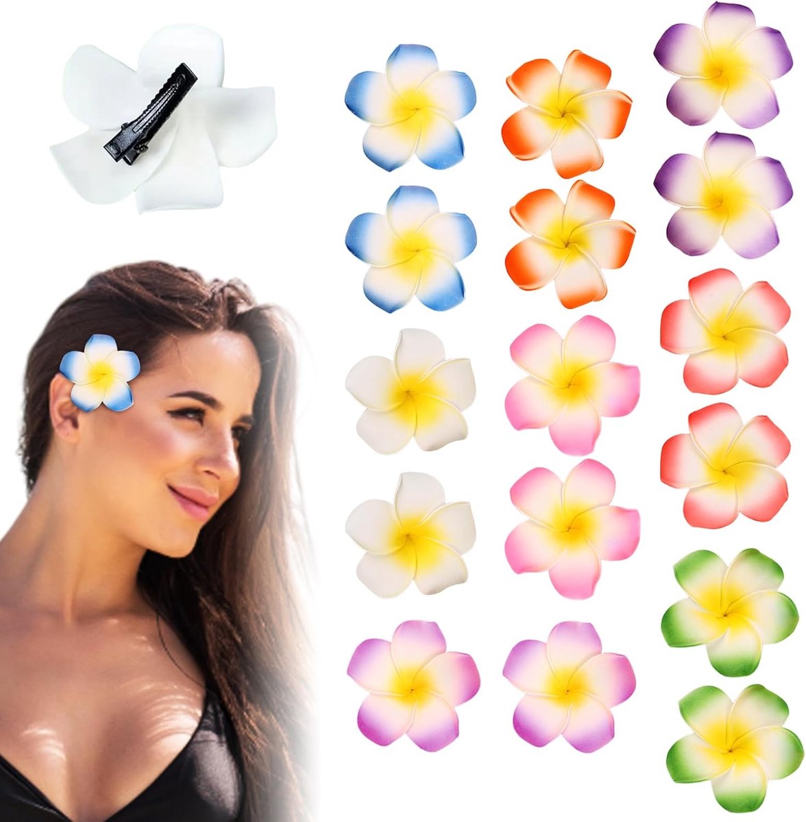 16 stuks bloem haarclips, Hawaiiaanse haarclip, Boheemse bloem haarspeld, schuim plumeria bloemclips, tropische strand bloem haarspeld, bruids roos haarspelden, voor Hawaiiaanse vakantie aan