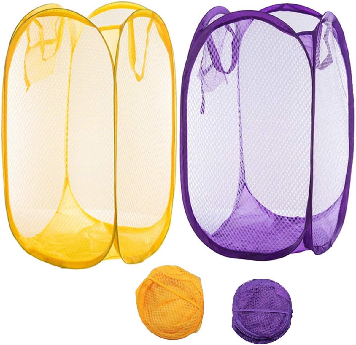 Mesh Popup Wasmand, Opvouwbare 2 Pack Draagbare Vuile Kleding Mand Opvouwbare Vuile Kleding Mand voor Slaapzaal voor Slaapzaal en Reizen (Geel + Paars)