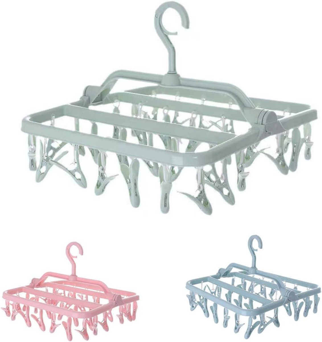 Wasrek voor kleerhangers, kunststof, inklapbaar, met 32 wasknijpers, kunststof, voor sokken, ondergoed, ondergoed, babykleding, lichtgroen