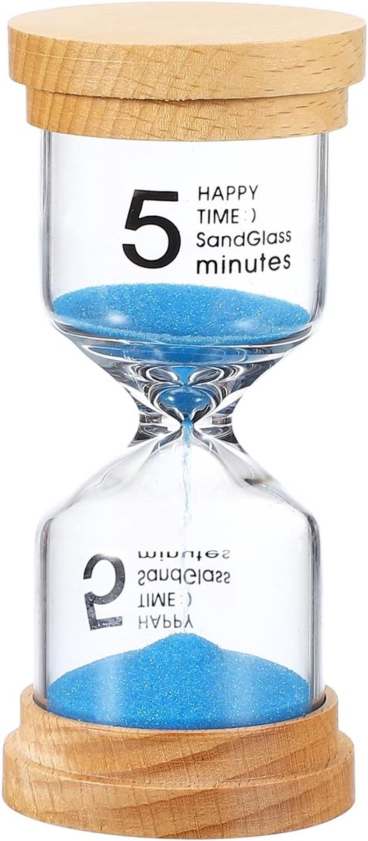 5 minuten zandtimer, houten zandhorloge, hoog glas, zandloper, timer voor woonkamer, keuken, thuiskantoor, restaurant, decoratie, blauw