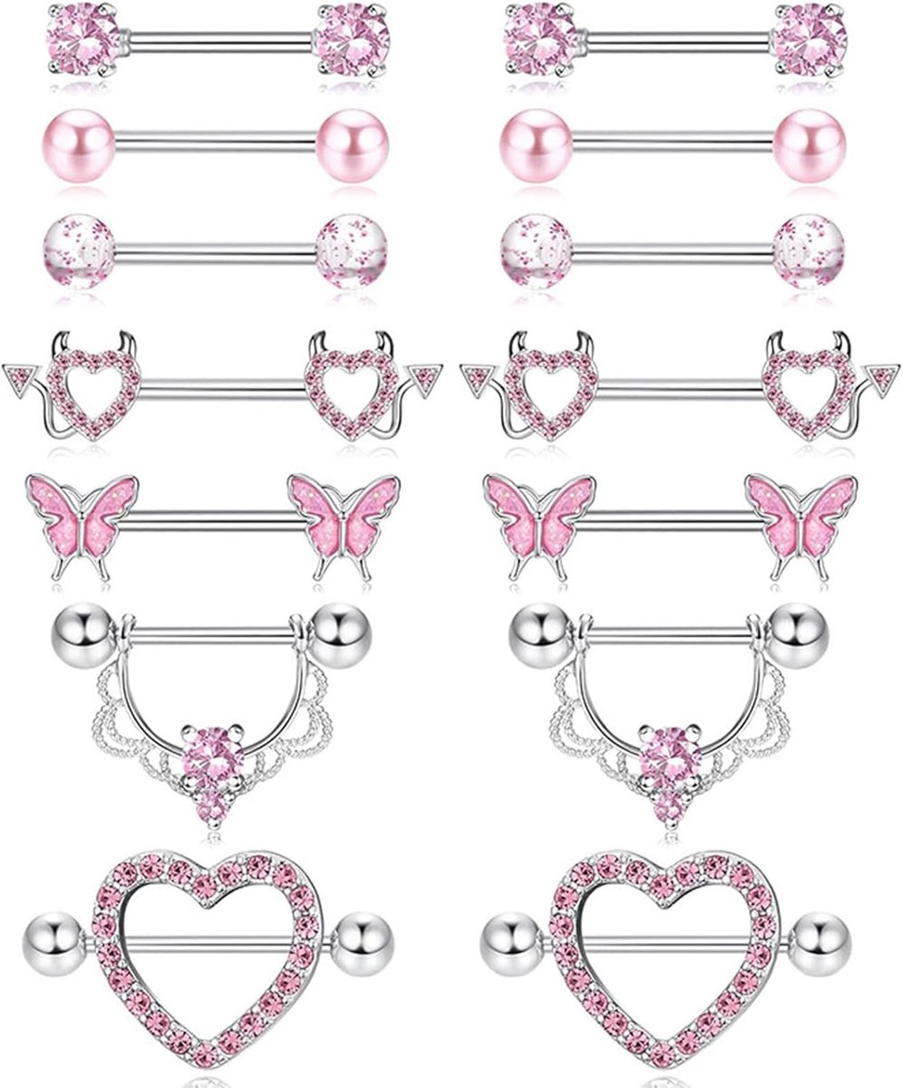 7 stuks tepelpiercings, tongpiercings, chirurgisch staal, lichaamssieraad, zilver voor piercings barbells dames (roze), 1, 1 stuks, nee.