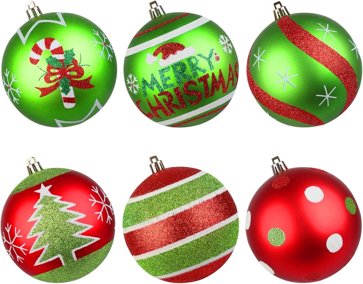 Kerstballen voor buiten, 6 stuks glinsterende kerst elf bal ornament decoratie, grote rode groene kerstboombollen, 10 cm gigantische plastic hangende decoratie voor gazon, tuin, vakantie