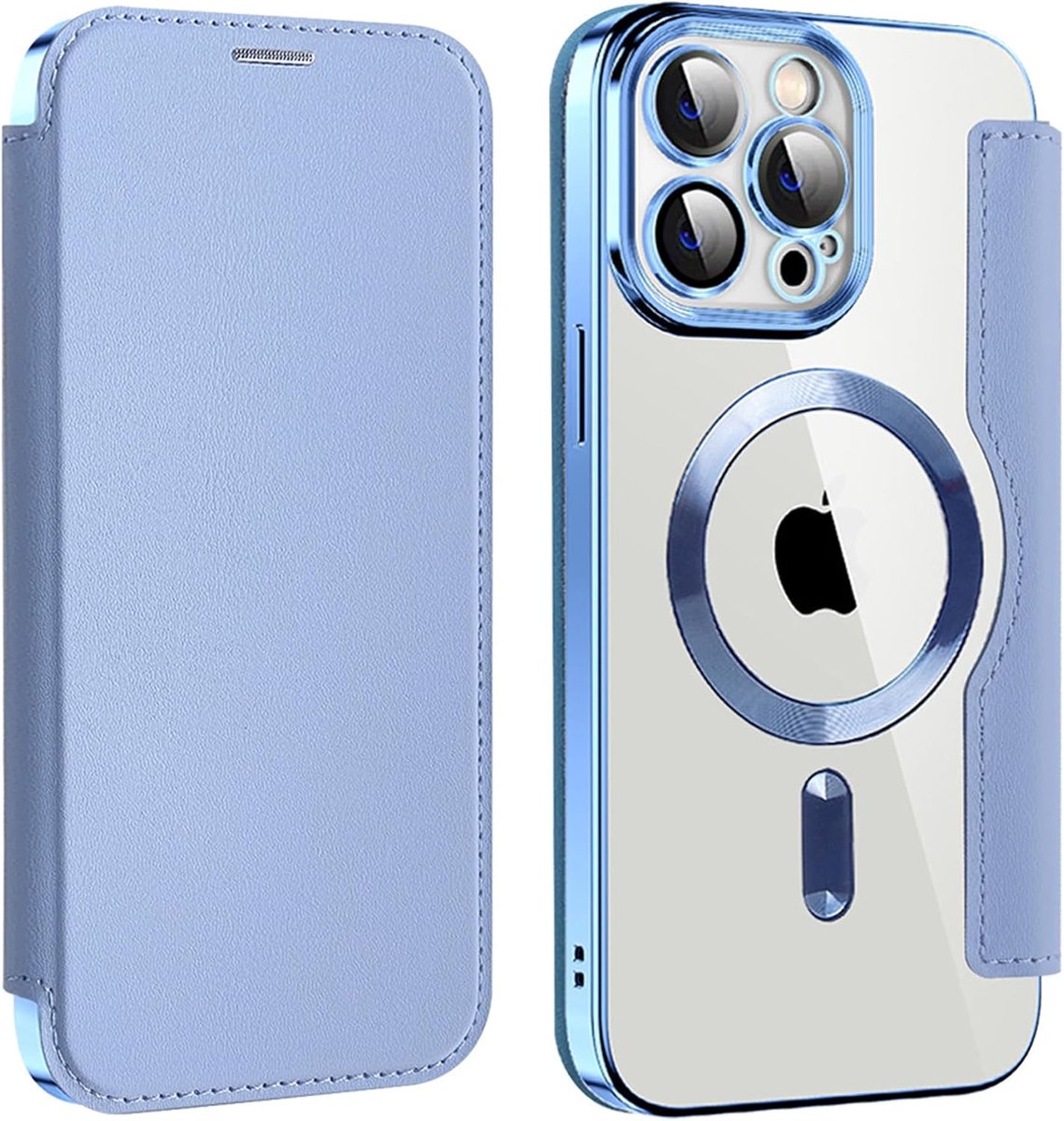 Hoes voor iPhone 14, klaphoes, magnetische hoes, kaartenvak, PU-leer, anti-kras, telefoonhoes met RFID-vergrendeling, beschermhoes, transparante flip case, cover, blauw
