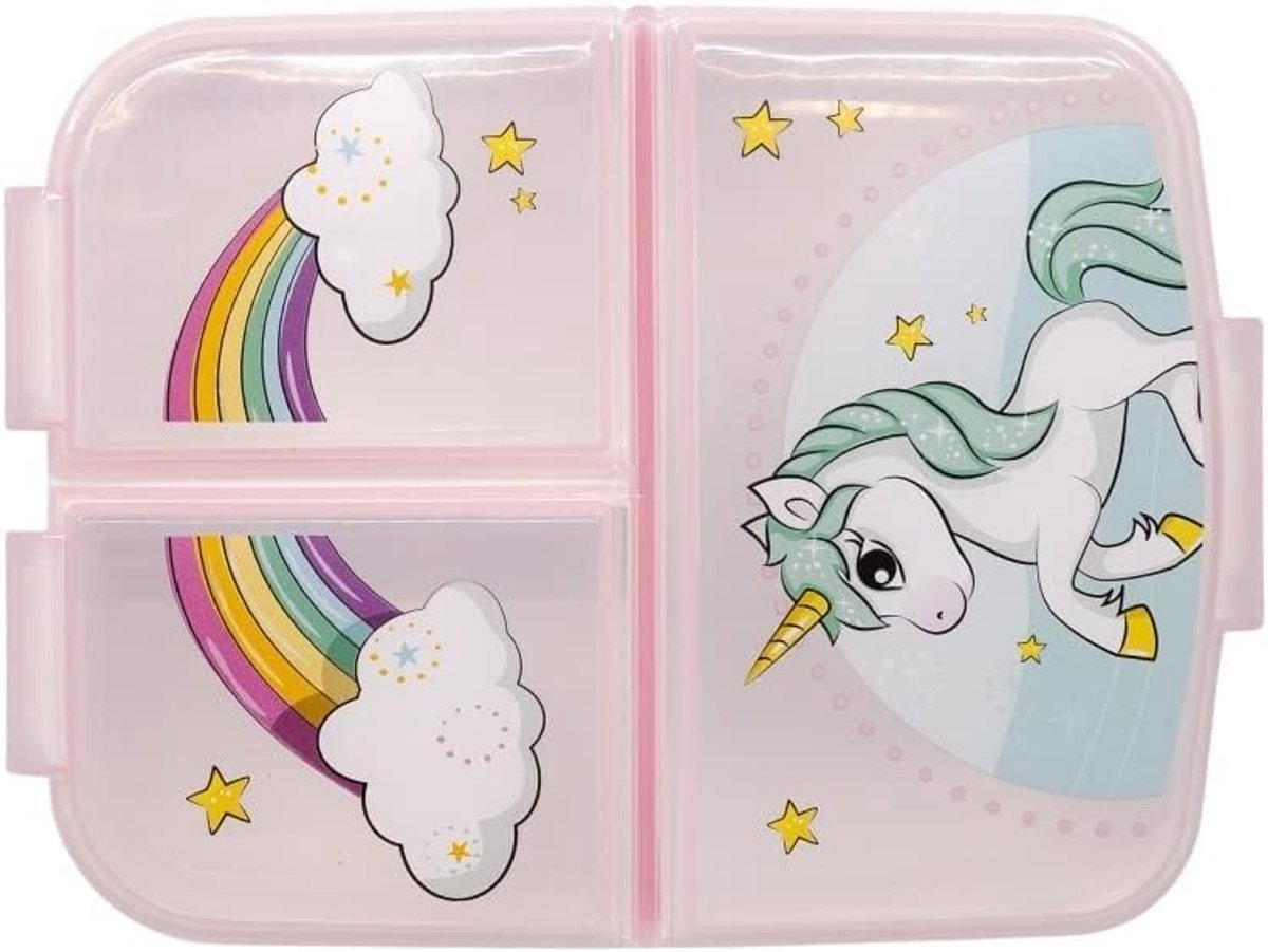 I LOVE SHOPPING Broodtrommel voor school met 3 vakken, broodtrommel van kunststof, voor kinderen, lunchbox, BPA-vrij (eenhoorn)