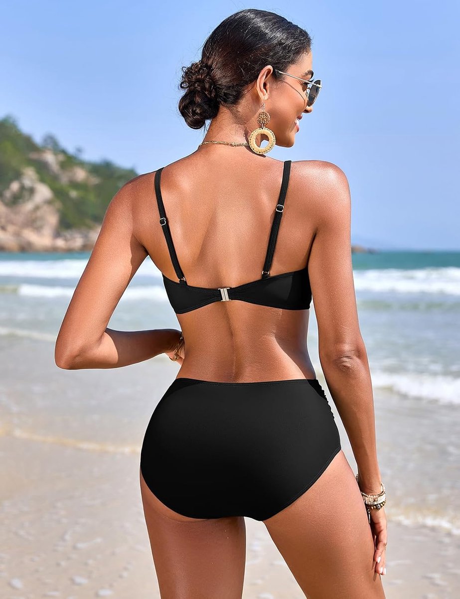 Badpak voor dames, tweedelig, bikini, buik, plooien, V-hals, sexy, curvy, figuurvormend, hoge taille, push-up, rugvrij, met cups, badpak