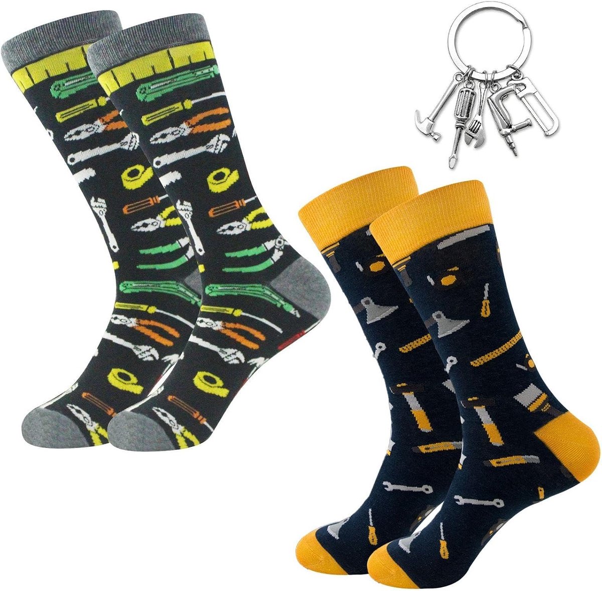 2 Paar Grappige Sokken Met Tool Patroon, 1 Tool Sleutelhanger, Ambachtsman Thema Serie, Katoenen Buis Sokken Voor Mannen, Geschenken Voor Architectuurliefhebbers.