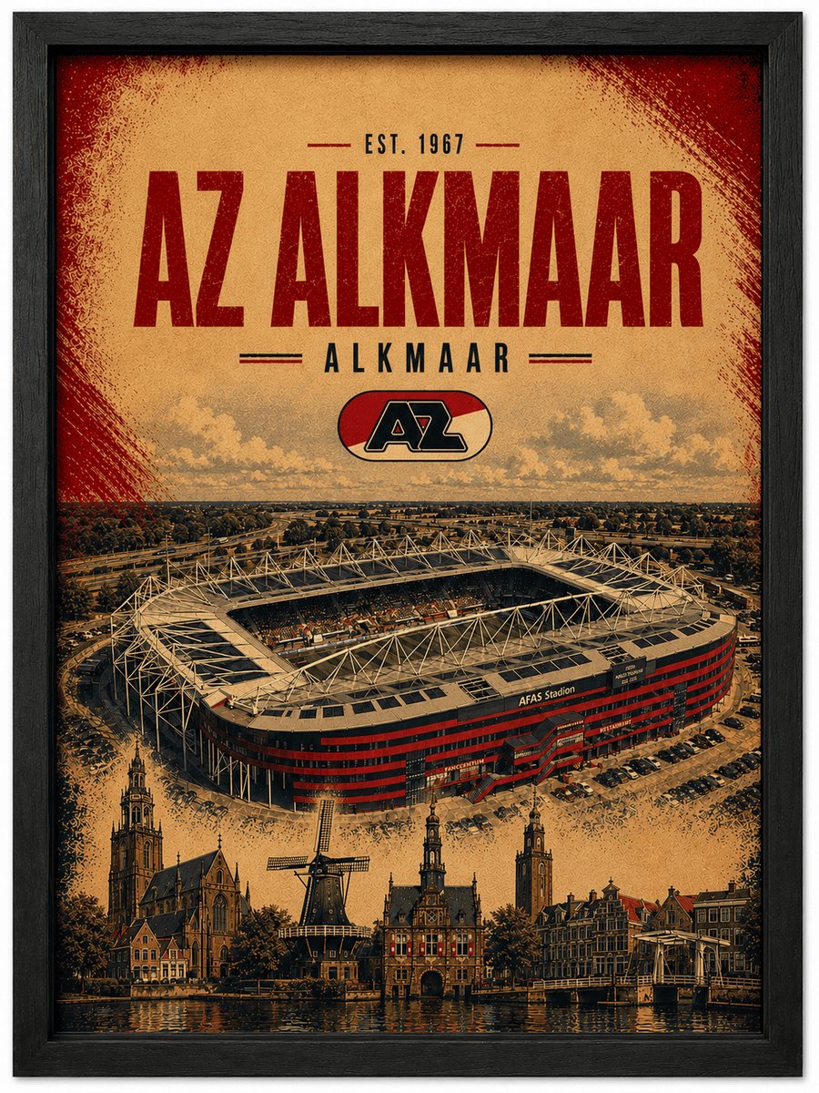 AZ Alkmaar Poster | AFAS Stadion Vintage Art Print | Retro Voetbal Poster | Inclusief Zwarte A3 Lijst