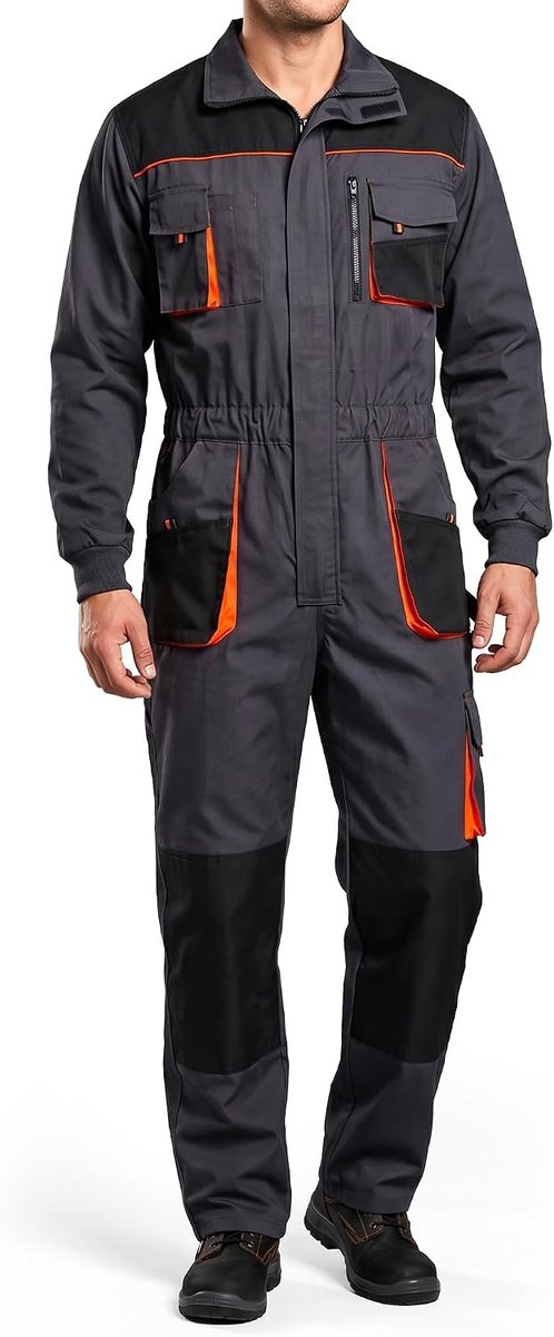 Kastor Overall voor heren, werkkleding, rallycombi-overall met elastische band, hamerlus, multifunctionele zakken, ritssluitingen voor ademend vermogen, werkoverall, grijs, 52
