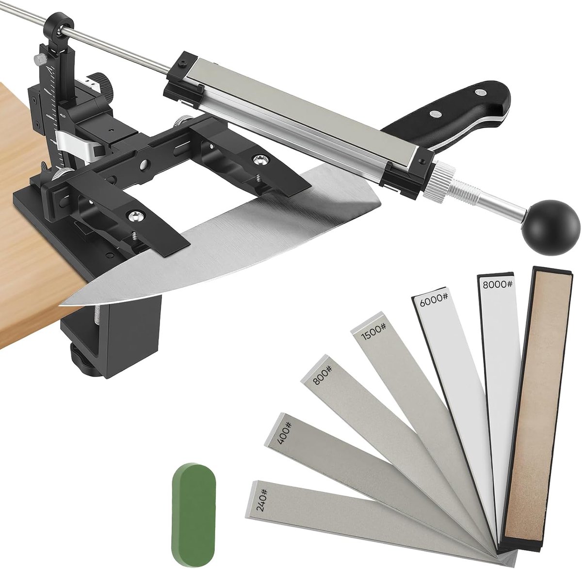 Handmatig messenslijpsysteem van CNC-aluminium met 360° flip & dubbelzijdige steenklem incl. 6 slijpstenen (240-8000#) en stabiele tafelklem