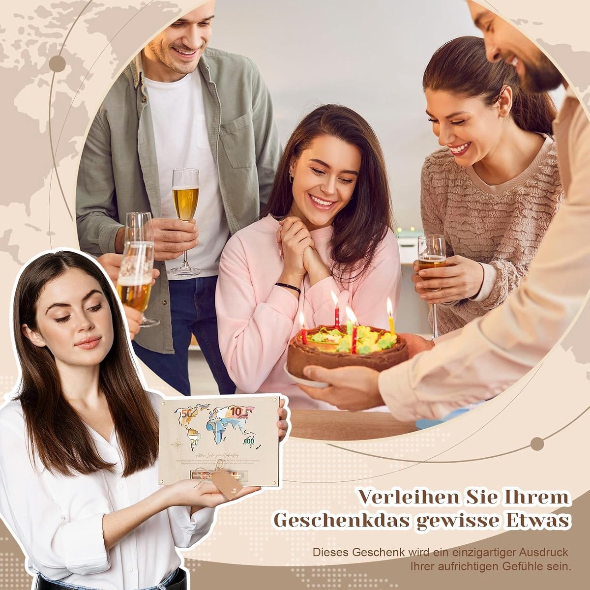 Geldcadeau voor een verjaardag met wereldkaart Houten verjaardagskaart met geldcadeauverpakking Verpakking met wereldkaart van 25 x 17 cm Met reageerbuisetiketten Voor mannen en vrouwen
