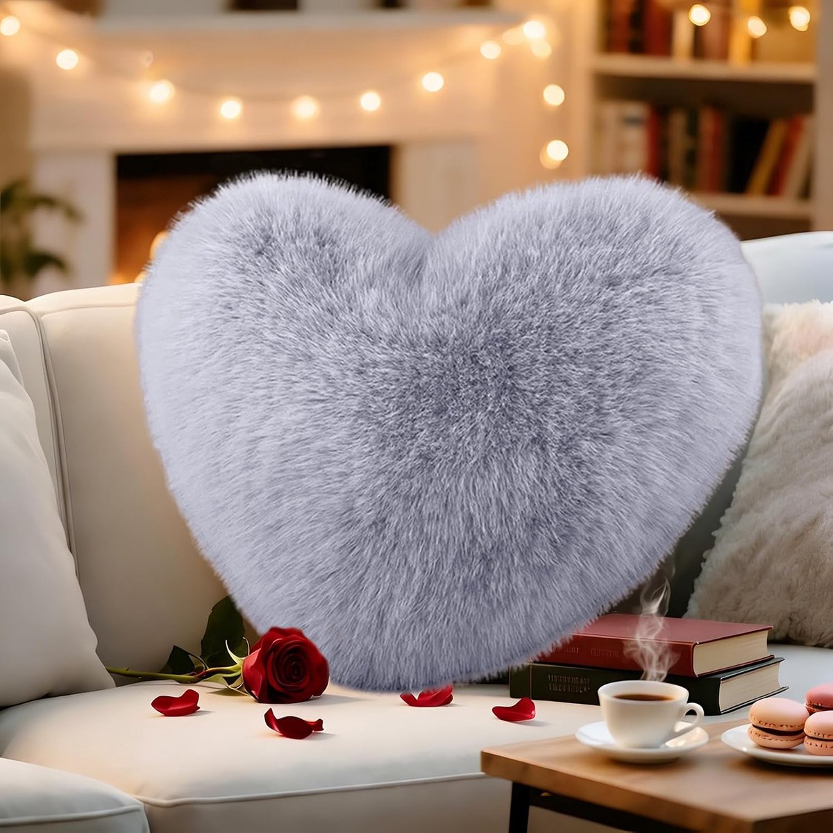 Knuffelkussen, wollig, hartvormig kussen, pluche kussen, hartvorm, love, sierkussen, esthetisch, hartkussen, cadeau voor woonkamer, bank, slaapkamer, bed (lange pool, grijs, 30 x 40 cm)