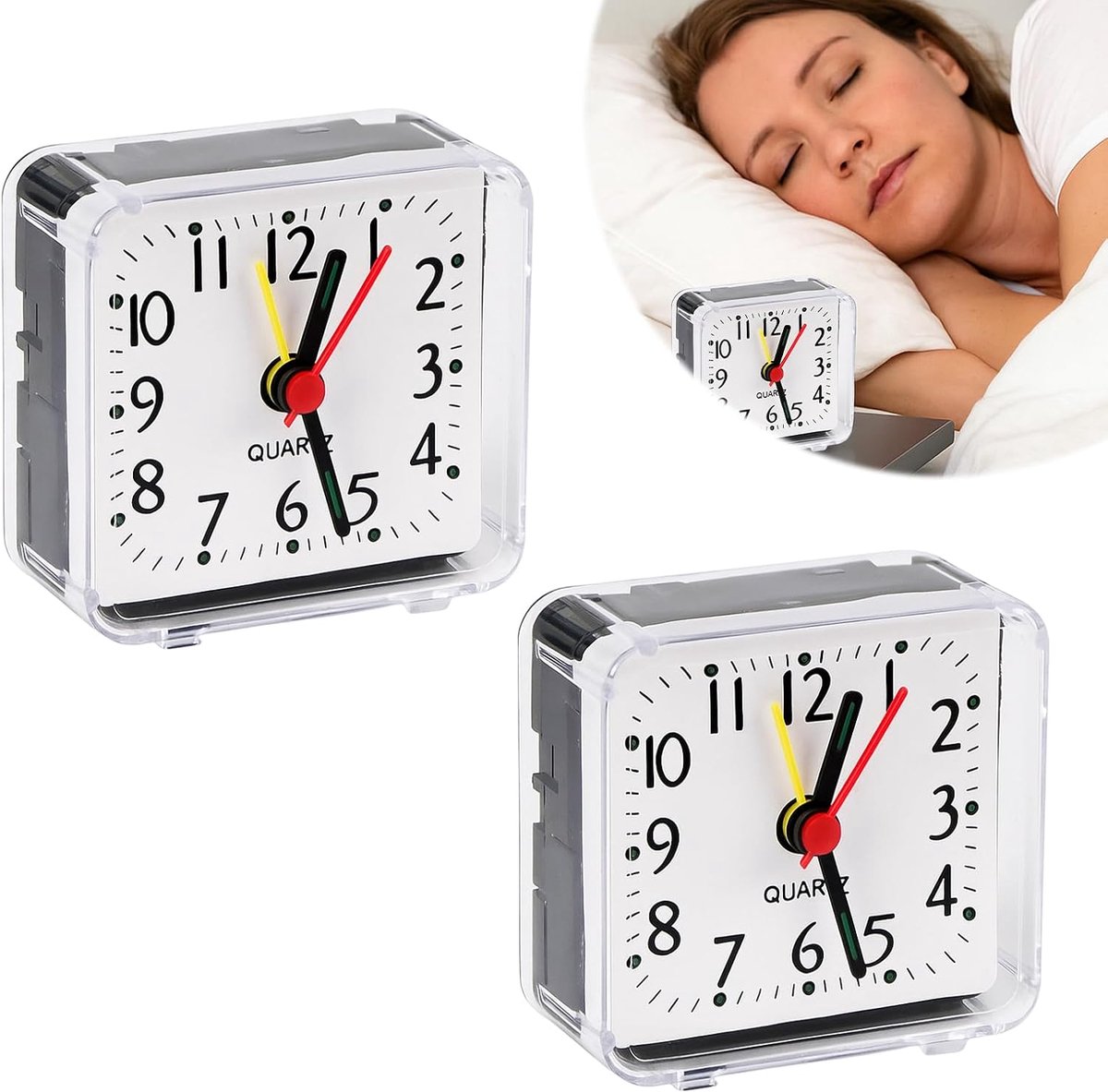 2 stuks kleine analoge reiswekker voor slaapkamer, reiswekker met tikken, draagbaar, grote wekker, werkt op batterijen, analoge wekker, 2 stuks
