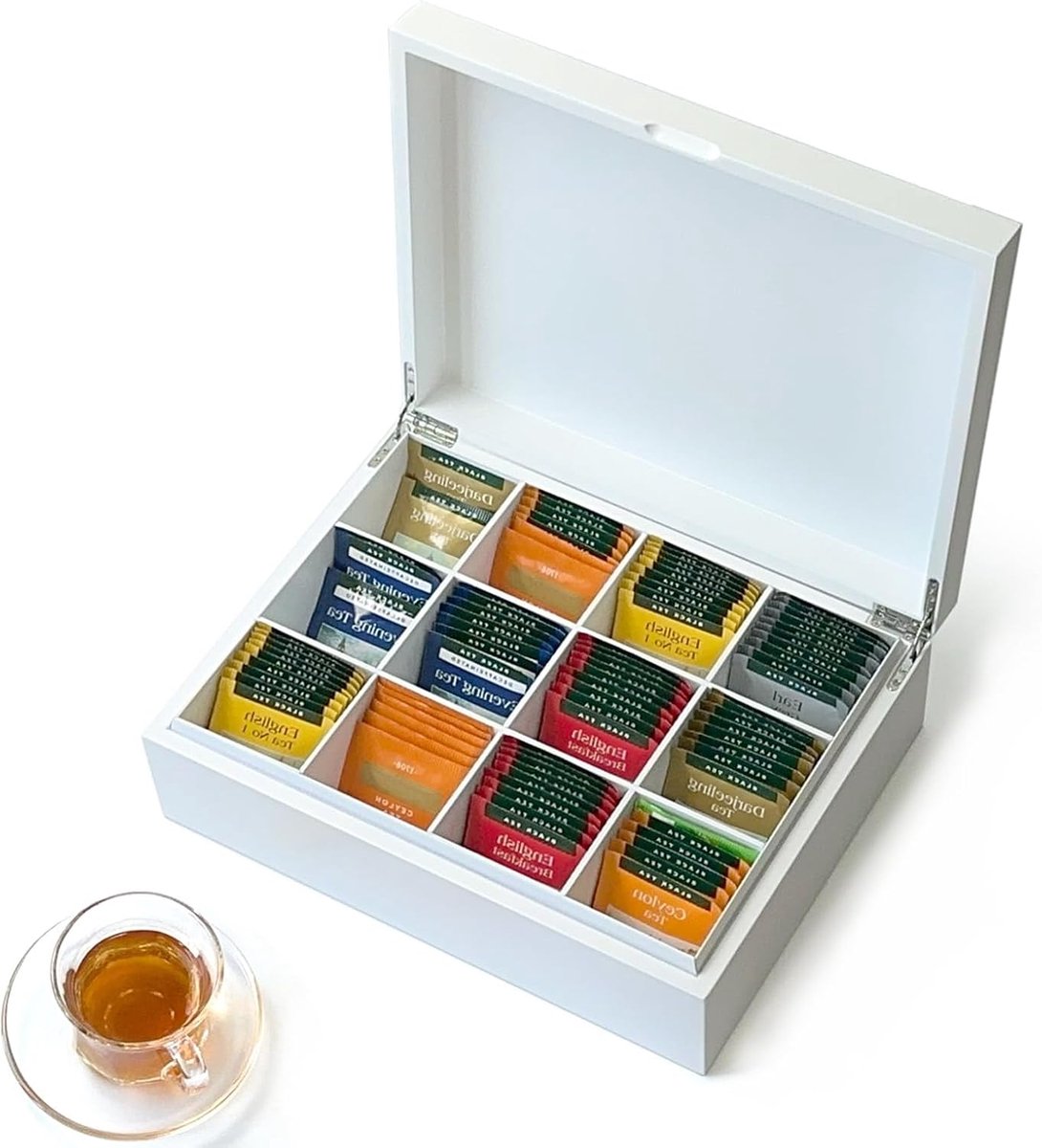 Theedoos, Handgemaakte Houten Theekist 12 delig,Elegante Witte Theehouder,Theedoos voor Theezakjes,Theezakjes Opbergstation,Theecadeau,Home Organizer of Cadeau,Multifunctionele Opbergdoos