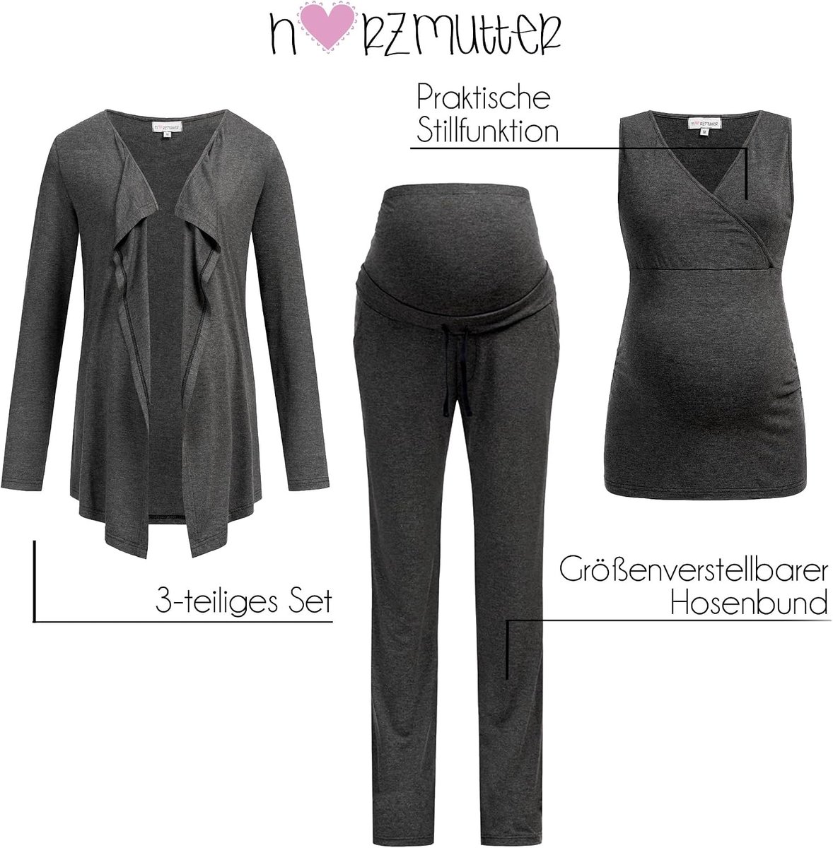 Zwangerschaps Pyjama Set voor Dames - Driedelige Pyjama's voor Borstvoeding - Zwangerschap - Wellness Set – Huis pak voor Zwangerschap en Borstvoeding - Broek - Top - Vest - 8100