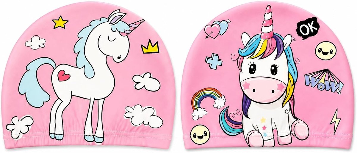 Set van 2 stuks, voor meisjes, elastische badmuts van polyester met motief, ergonomische badmuts met oorbescherming voor lang haar, comfortabele zwembadmuts