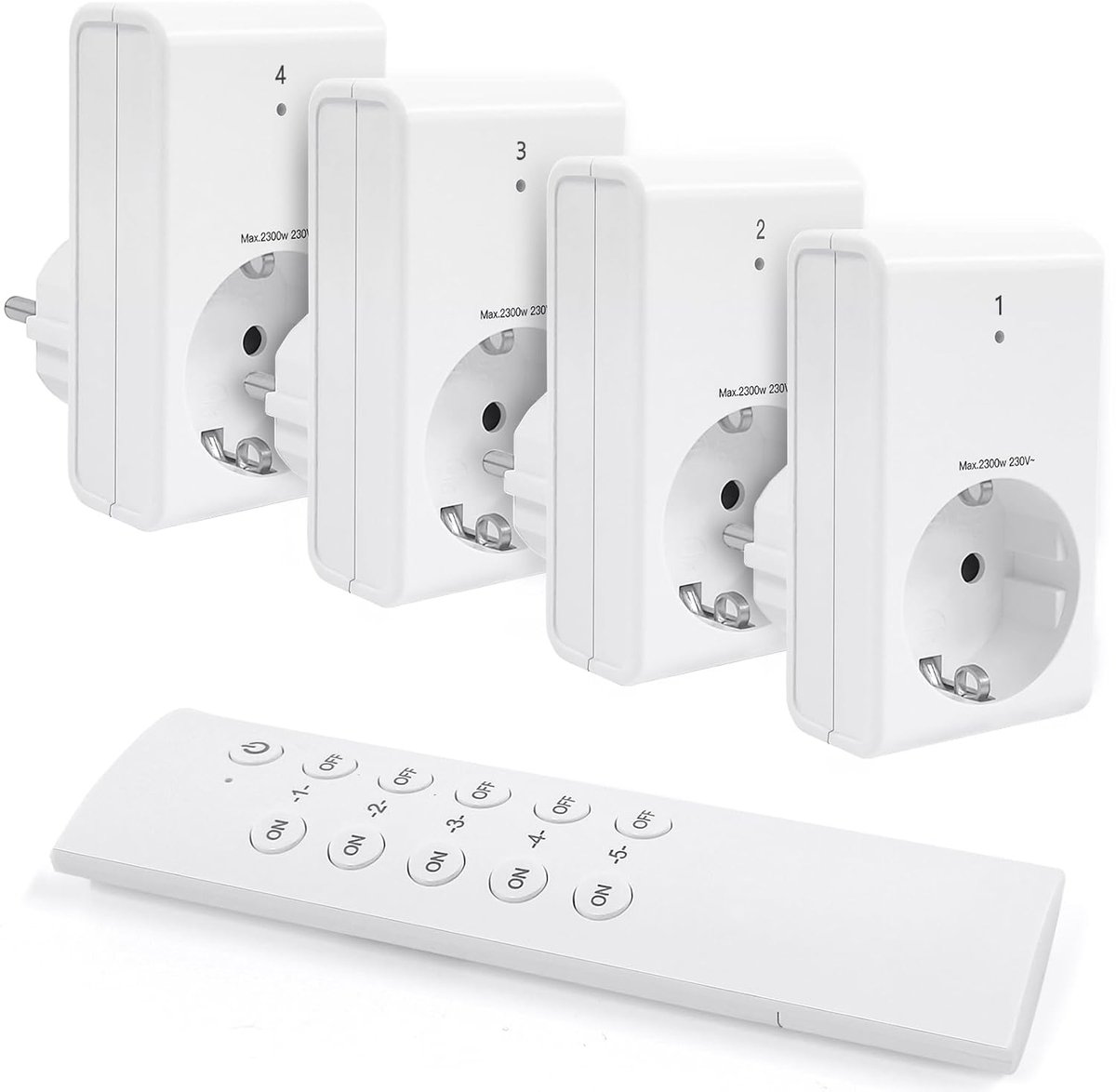 Draadloze stopcontacten met afstandsbediening, set van 4 stopcontacten met 1 afstandsbediening voor huishoudelijke apparaten, kerstverlichting, 30 m groot bereik, programmeerbaar, 2300 W/10 A
