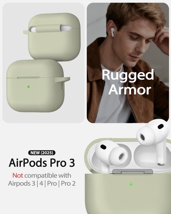 Siliconen voor AirPods Pro 3 Hoes, A6-Khaki - Zacht, licht, antislip, krasbestendig, bedraad/draadloos laden. Reinigingspen + sleutelhanger. — afbeelding 4