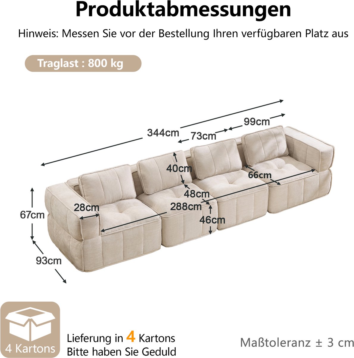 MIVRAY Zitbank 4-Zits 344 x 93 x 67 cm - Modulair En Zonder Montage Met 32D Hoogdichtheidsschuim - Voor Woonkamer En Relaxruimte - Polyester Beige