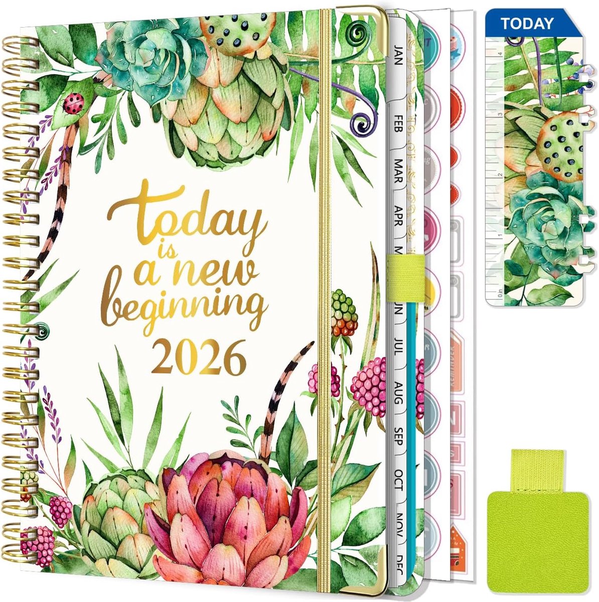 Weekkalender 2026, spiraalbinding, A5-planner (januari - december 2026), schoolagenda met penlus, bladwijzer en planstickers (lichtgroen)