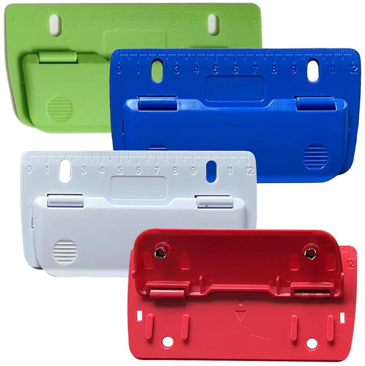 4 stuks mini-perforator, draagbare perforator voor papier met 2 gaten, praktisch en robuust, kleine A4-vellen, met schaal van 12 cm, voor thuis en op kantoor (rood, blauw, groen, wit)