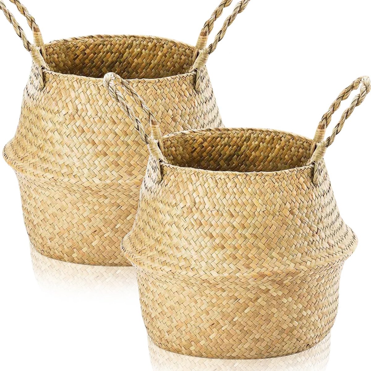 2 stuks zeegras opbergmanden geweven opbergmand met handvat, zeegras plantenpot mand rieten plantenbak opvouwbare speelgoed wasbuik mand, ronde opbergmand voor planken (M 28×24cm)
