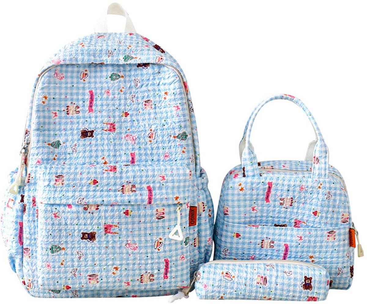 3-delige Rugzak Set Meisjes – Schoolrugzak met Lunch Tas en Etui – Lichtgewicht Nylon – Grote Rugzak voor School en Dagelijks Gebruik– 42 × 30 × 14 cm –Blauw