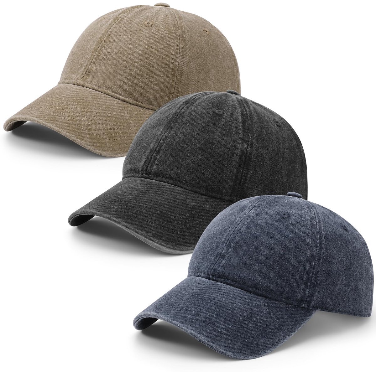 Casalora 3-delige Baseballpet – Jeanspet Unisex – Verstelbare Katoenen Pet – Zonnepet voor Dames & Heren – Kaki, Zwart & Marineblauw – Sport & Vrije Tijd