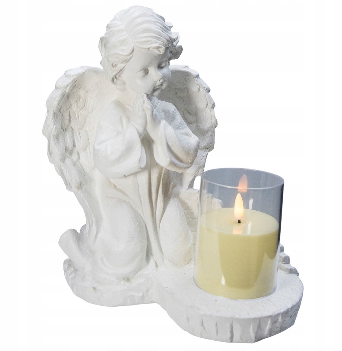 Gipsen Engel Grafdecoratie met LED Kaars, 28cm
