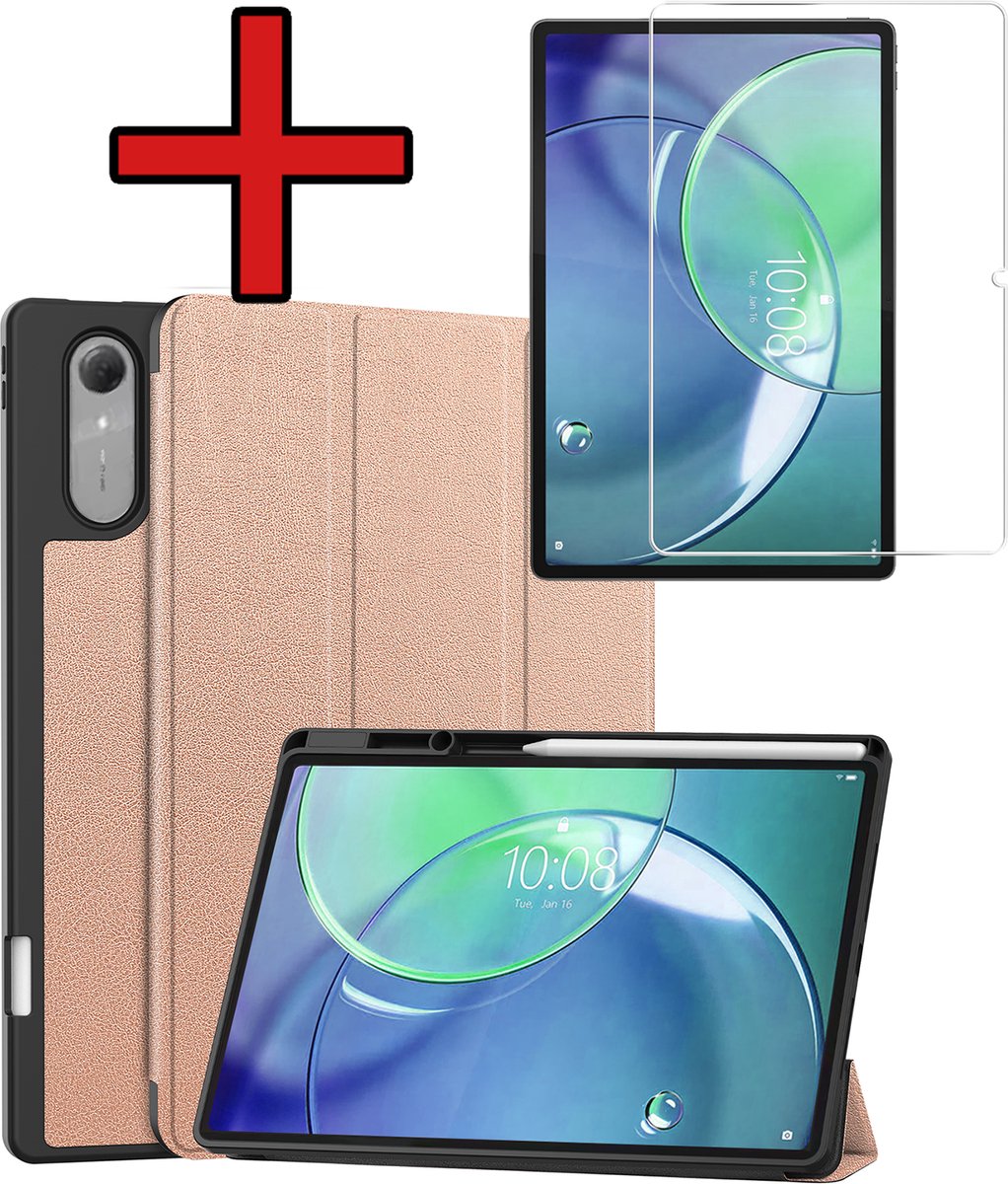 Hoesje - Geschikt voor Lenovo Idea Tab Pro Gen 2 - Met Screenprotector - Trifold Bookcase Hoes - Hard Cover Case - Met Uitsparing Geschikt voor Lenovo Pen - Hardcover Book - Tablethoes - Rosé goud