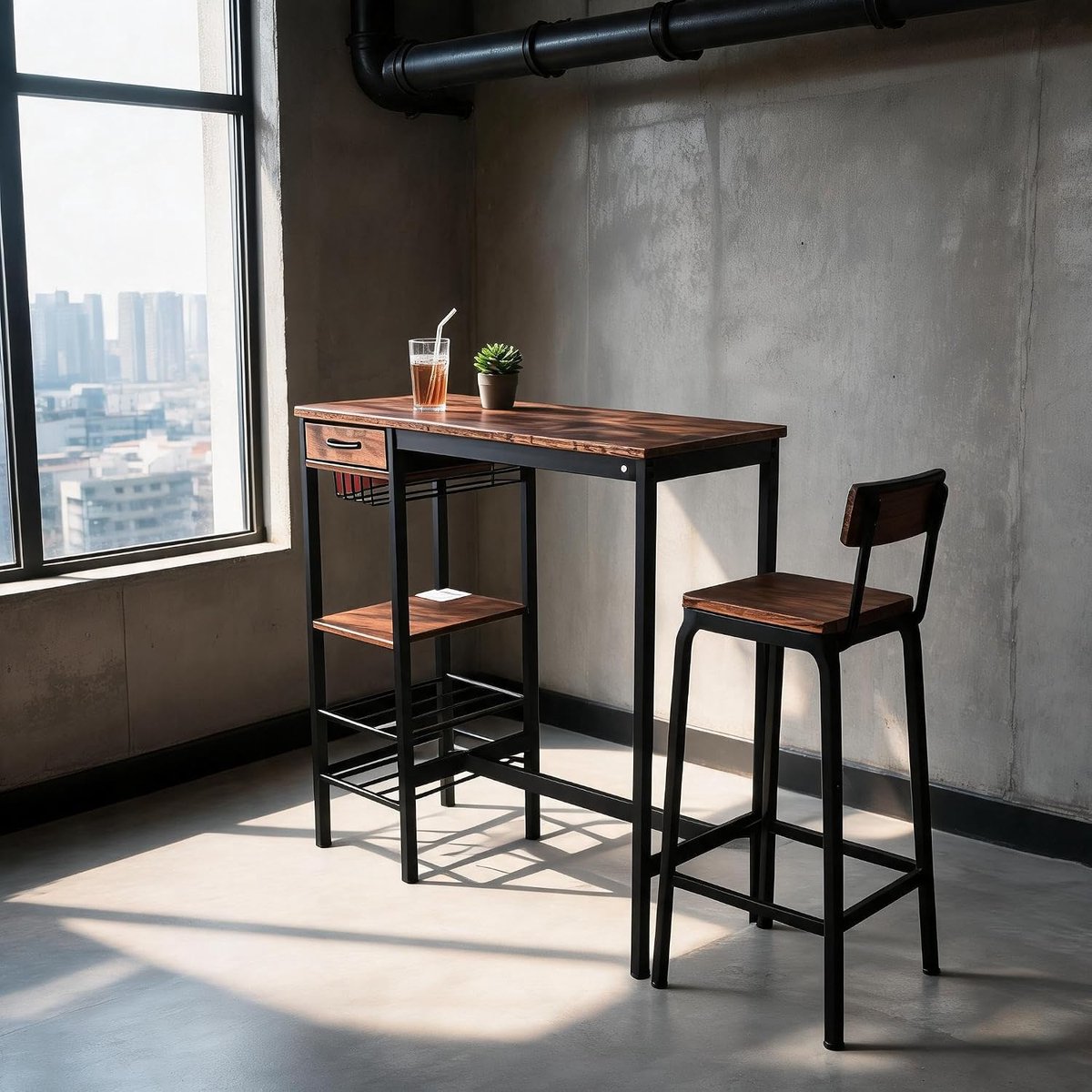 Hoge bartafel 100×40×90 cm, rechthoekig bruin eettafel, metaal‑hout, stoffen lade, houder voor wijnflessen & plank voor wijnglazen, voor keuken woonkamer eetkamer — cadeau in Cadeau-ideeën - foto 4