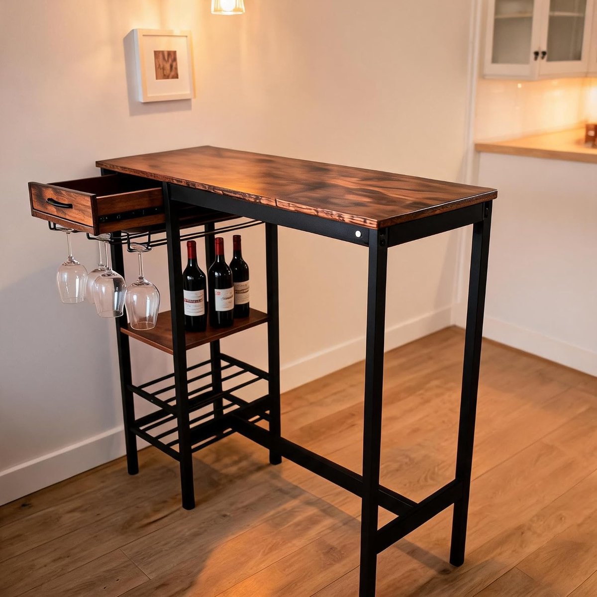 Hoge bartafel 100×40×90 cm, rechthoekig bruin eettafel, metaal‑hout, stoffen lade, houder voor wijnflessen & plank voor wijnglazen, voor keuken woonkamer eetkamer — cadeau in Cadeau-ideeën - foto 3