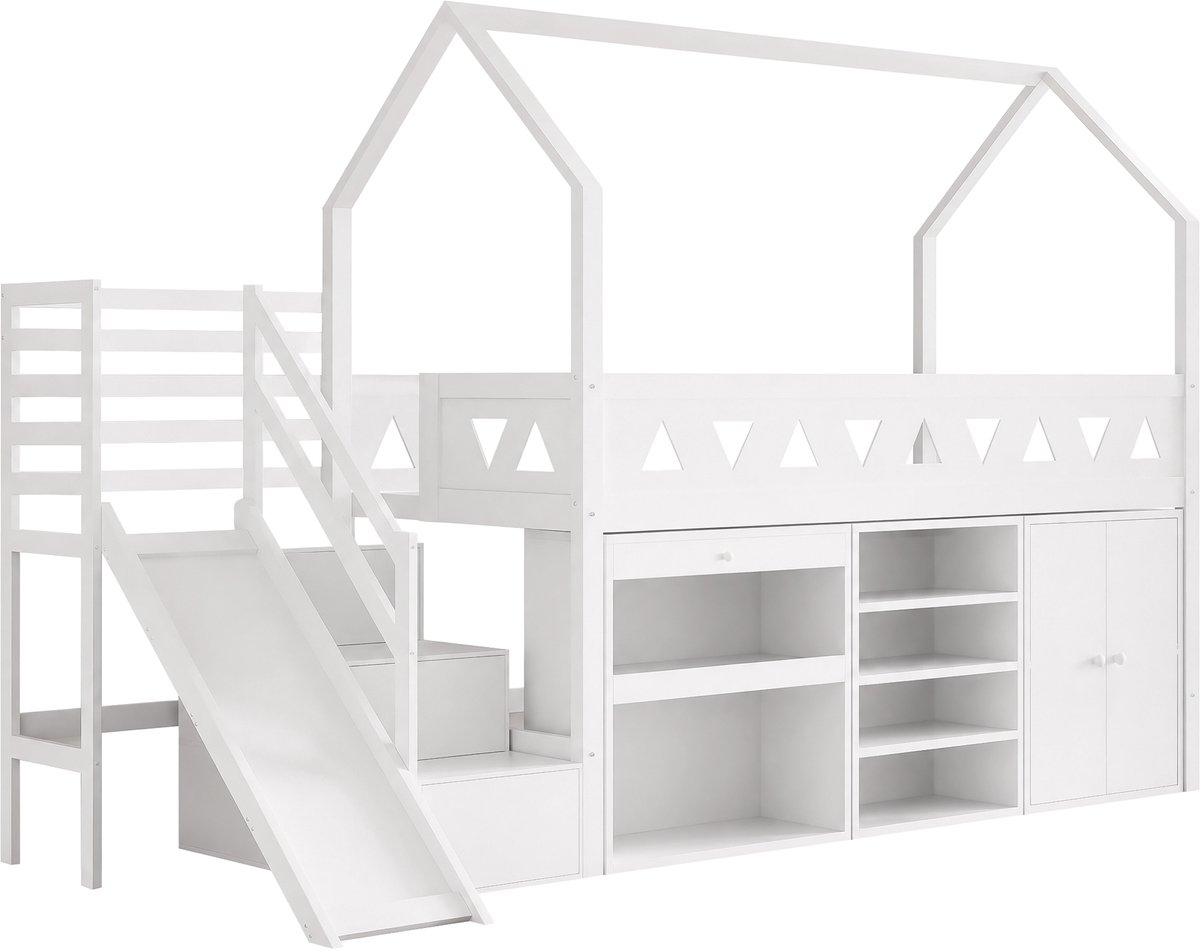 MUVANO Kinderbed met Glijbaan - Multifunctioneel Kinderbed - Massief Houten Bed - Met Trap - Met Lades - Opbergruimte - Slaapkamer - 90x200 cm - Wit