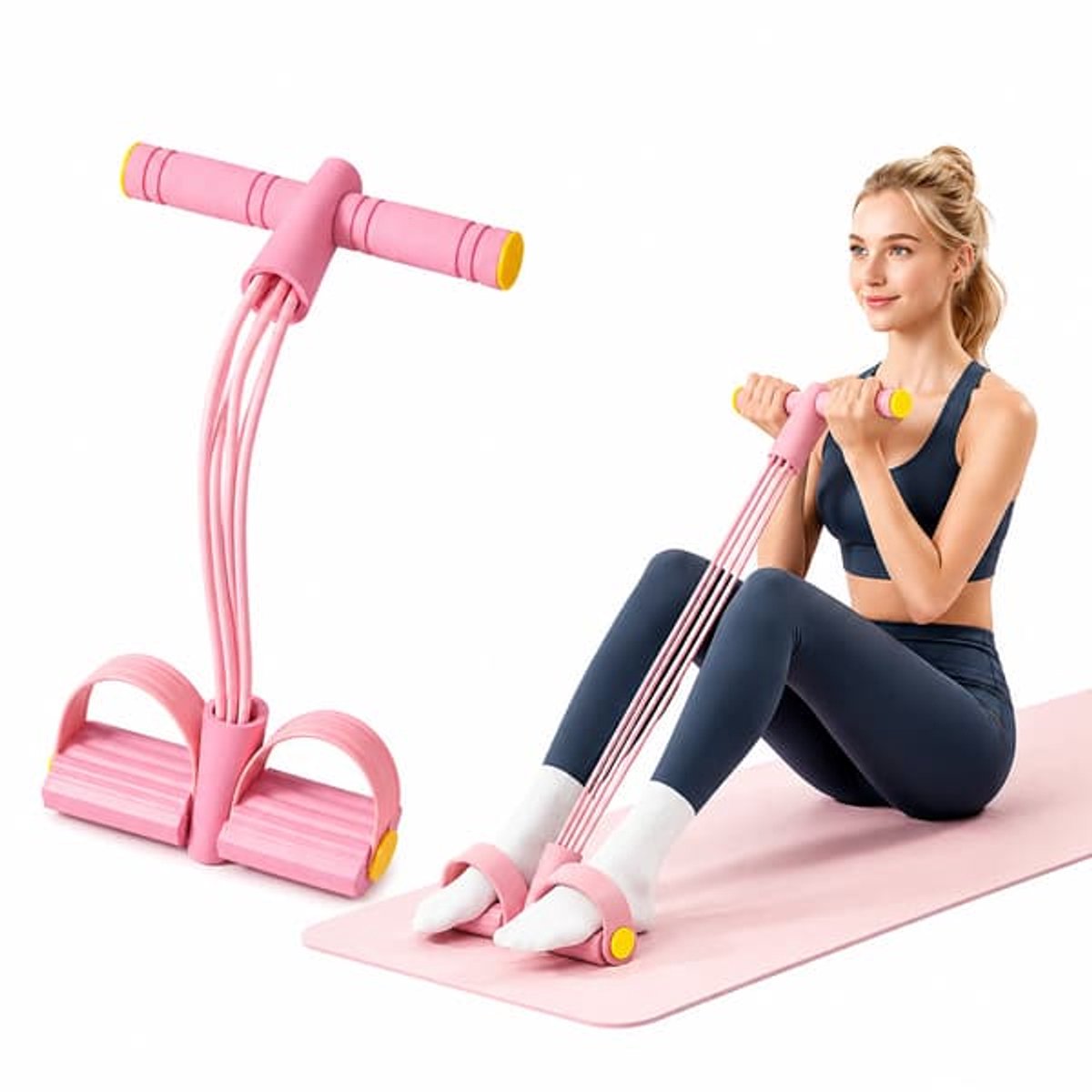 Claoner Buikspiertrainer - Met voetpedaal weerstandsband - 6 weerstandsbanden - Core training - Yoga fitness - Roze